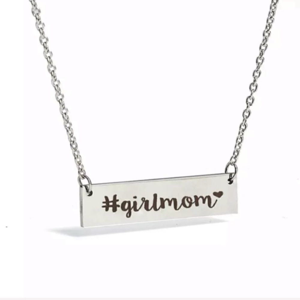 Stainless Steel Engraved Girlmom Horizontal Bar Necklace Minimalist Mom NWT